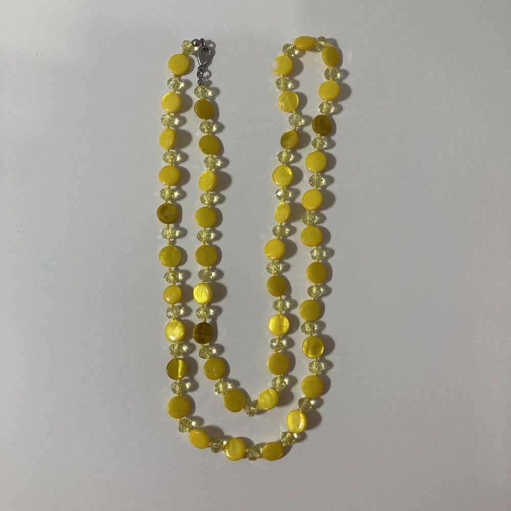 Long Yellow Round Disc Transparent Beaded Cord Necklace Bohemian Lobster Clasp